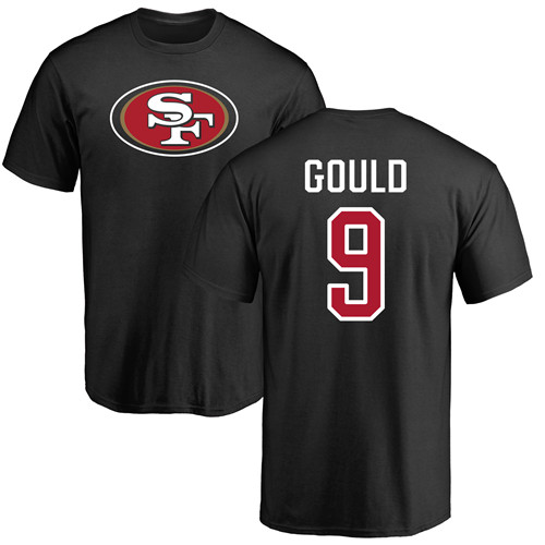 Men San Francisco 49ers Black Robbie Gould Name and Number Logo #9 NFL T Shirt->nfl t-shirts->Sports Accessory